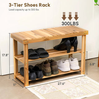 Acacia Wood Shoe Rack Bench, 2-Tier Natural Wooden Shoe Organizer for Entryway, Front Door, or Bathroom, 200 lbs Capacity, 27.6"L x 11"W x 17.8"H, Durable and Easy to Assemble Dweva