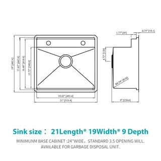 21 Inch Undermount Kitchen Sink With Folding Faucet and Cutting Board - 21 " x 19" Bar Prep Sink Stainless Steel 16 Gauge Workstation Sink Single Bowl Basin Sink Dweva