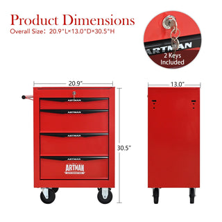 Rolling Metal Tool Chest with 4 Drawers, 20" 4-Drawer Tool Chest Cabinet with Ball Bearing Drawer Slides, Steel Tool Storage Box Organizer -Red&Black Dweva
