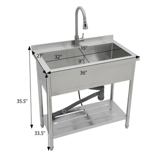 21"D x 36"W x 35.5"H Stainless Steel Large Utility Sink Single Bowl, Freestanding Commercial Restaurant Sink with Pull-Out Faucet, Utility Sink for Laundry Room, Garage, Kitchen Dweva