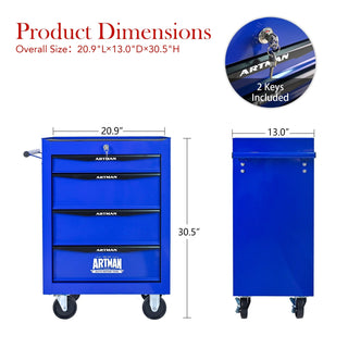 Rolling Metal Tool Chest with 4 Drawers, 20" 4-Drawer Tool Chest Cabinet with Ball Bearing Drawer Slides, Steel Tool Storage Box Organizer -BLACK&BLUE Dweva