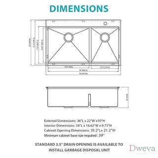 Topmount Drop in Kitchen Sink - 36"x 22" x 10" Double Bowl (60/40) Kitchen Sink 16 Gauge with Two 10" Deep Basin, Brushed Nickel Dweva
