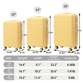 20"/24"/28" 3 pcs/set in ABS Spinner Wheel Luggage, Matching Color , With Combination Lock (Yellow) Dweva