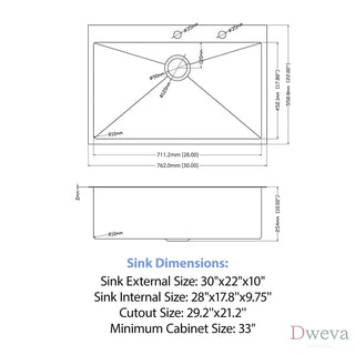 30" Drop-in Kitchen Sink with Pull-Out Faucet and Soap Dispenser - 30 x 22 x 10 inch Single Bowl 16 Gauge Stainless Steel Topmount Kitchen Sink Basin Dweva
