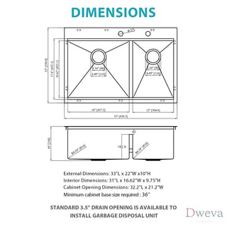 Topmount Drop in Kitchen Sink - 33"x 22" x 10" Double Bowl (60/40) Kitchen Sink 16 Gauge with Two 10" Deep Basin, Brushed Nickel Dweva