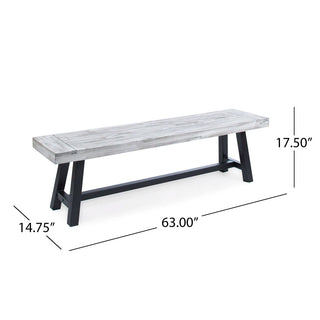 Light Grey Sandblast Finish Acacia Wood Dining Bench with Black Rustic Metal Finish Frame Dweva