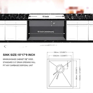 15 Inch Undermount Sink - 15" x 17" x 9" Undermount Stainless Steel Kitchen Sink 16 Gauge 9 Inch Deep Single Bowl Kitchen Sink Basin, Includes Drain Assembly (No Additional Accessories) Dweva