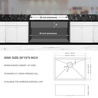26 Inch Undermount Sink - 26" x 18" x 9" Undermount Stainless Steel Kitchen Sink 16 Gauge 9 Inch Deep Single Bowl Kitchen Sink Basin, Includes Drain Assembly (No Additional Accessories) Dweva