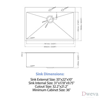 33" Drop-in Kitchen Sink with Pull-Out Faucet and Soap Dispenser - 33 x 22 x 10 inch Single Bowl 16 Gauge Stainless Steel Topmount Kitchen Sink Basin Dweva