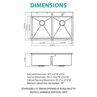 Topmount Drop in Kitchen Sink - 36"x 22" x 10" Double Bowl (50/50) Kitchen Sink 16 Gauge with Two 10" Deep Basin, Brushed Nickel Dweva