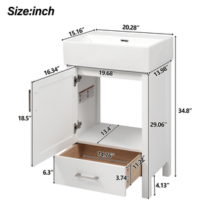 20.28'' White Modern Bathroom Vanity with Ceramic Sink, Solid Wood Frame, and Drawer – Ideal for Small Bathrooms. Dweva
