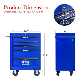 Rolling Metal Tool Chest with 5 Drawers, 20" 5-Drawer Tool Chest Cabinet with Ball Bearing Drawer Slides, Steel Tool Storage Box Organizer -BLACK&BLUE Dweva