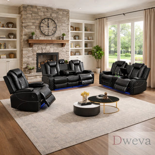 CineLuxe 3-Piece Breathing Leather Recliner Sofa Set Dweva