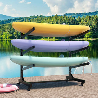 41"H Freestanding Kayak Storage Rack – Holds 3 Kayaks, Heavy-Duty Adjustable Stand with Lockable Wheels for Kayak, Canoe, SUP & Surfboard, 45.87"W*28.94"D*41"H Dweva