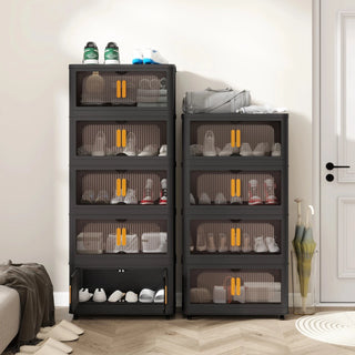 Black, 24" Side Wide Folding Storage Cabinet ,5 Tiers,23.62"×13.78"×59.84",Collapsible Storage Bins with Magnetic Door, Plastic Storage Cabinet with Wheels Dweva