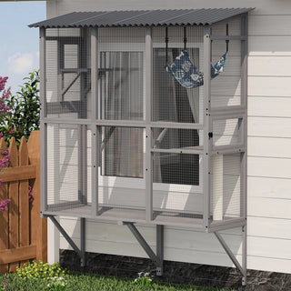 Large Cat Catio – Expandable Window Box Enclosure for Multiple Indoor Cats, Cat Perch House with 3 platforms,1 hammock and 3 doors, All-Weather Use Dweva