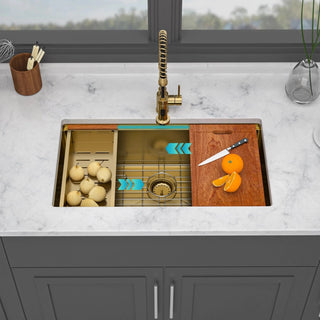 Single Bowl Undermount Workstation Gold Kitchen Sink - 33" x 19" x 10" Inch 16 Gauge Stainless Steel Deep Sink Dweva