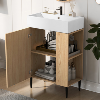 21.6" Wood Bathroom vanity, Combo Cabinet, Bathroom Storage Cabinet, Single Ceramic Sink, Right side storage Dweva