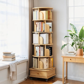 6 Tier Rotating Bookshelf, 360° Display Round Spinning Bookshelf with Wheels and Drawer, Space-Saving, Small Space Rotating Bookshelf Tower for Bedroom, Living Room, Home, Office, Wood Color Dweva