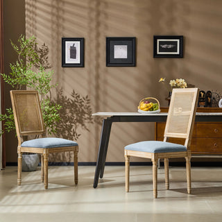 [Set of 2] French Country Dining Chairs - Elegant Cane Backrest & Upholstered Seats with Fluted Legs - Rustic Weathered Finish - Solid Rubberwood Frame - Vintage Inspired Kitchen & Dining Room Chairs Dweva