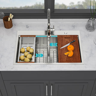 Topmount Drop in Kitchen Sink - 33"x 22" x 10" Double Bowl (50/50) Kitchen Sink 16 Gauge with Two 10" Deep Basin, Brushed Nickel Dweva