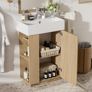 21.6" bathroom vanity with ceramic sink, freestanding modern right door wood grain cabinet with open and closed storage for small bathrooms