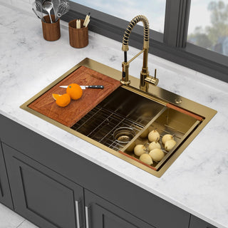 33" Drop in Gold Kitchen Sink - 33 x 22 x 10 inch Kitchen Sink Drop-in Topmount Single Bowl 16 Gauge Stainless Steel Ledge Workstation Kitchen Sinks Dweva