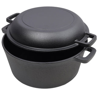 2 in 1 Pre-Seasoned Cast Iron Dutch Oven With Dual Handles, Outdoor Camping Deep Pot for Camping Fireplace Cooking BBQ Baking Campfire, 5 Quart.With 2pcs Silicone Handel Covers. Dweva