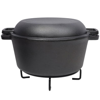 3 in 1 Pre-Seasoned Cast Iron Dutch Oven, Outdoor Camping Deep Pot, 5 Quart. Cover As A Skillet with Ribbed Bottom Design. With 1PC Iron Pot Rack, 1PC Lid Lifter. Dweva