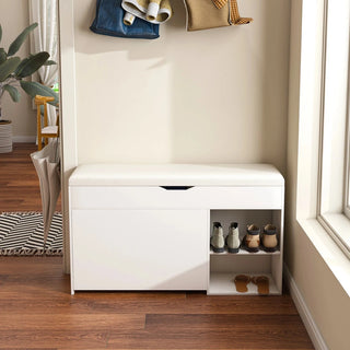 Entryway Bench with Shoe Storage,Adjustable 3-Tier Flip-Up Drawers & Hidden Cabinet,Space-Saving Shoe Organizer,Triple Storage and Modern Design,for Hallway and Living Room,White Dweva