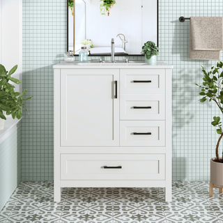30" White Bathroom Vanity with Sink Combination Set, Bathroom Storage Cabinet with Soft Close Door, 3 Soft Close Drawers and Removable Tray, Solid Wood Frame Dweva
