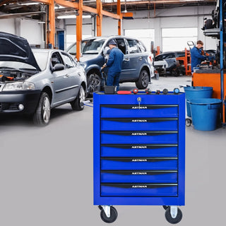 Rolling Metal Tool Chest with 7 Drawers, 20" 7-Drawer Tool Chest Cabinet with Ball Bearing Drawer Slides, Steel Tool Storage Box Organizer -BLACK&BLUE Dweva