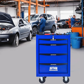 Rolling Metal Tool Chest with 4 Drawers, 20" 4-Drawer Tool Chest Cabinet with Ball Bearing Drawer Slides, Steel Tool Storage Box Organizer -BLACK&BLUE Dweva