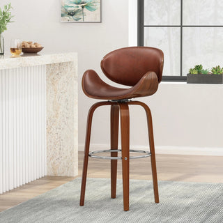 30" Mid-Century Modern Upholstered Swivel Barstool, Walnut + Cognac Dweva