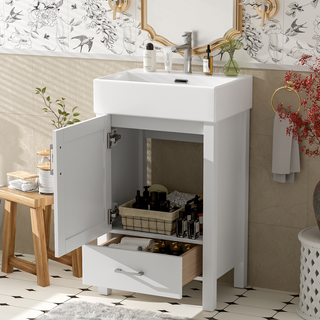 20.28'' White Modern Bathroom Vanity with Ceramic Sink, Solid Wood Frame, and Drawer – Ideal for Small Bathrooms. Dweva