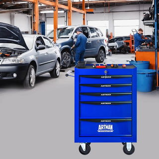 Rolling Metal Tool Chest with 5 Drawers, 20" 5-Drawer Tool Chest Cabinet with Ball Bearing Drawer Slides, Steel Tool Storage Box Organizer -BLACK&BLUE Dweva