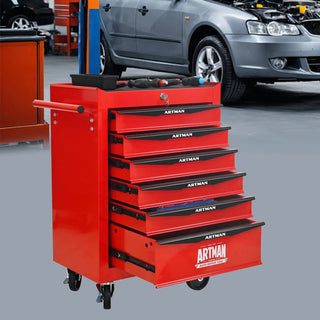 Rolling Metal Tool Chest with 6 Drawers, 20" 6-Drawer Tool Chest Cabinet with Ball Bearing Drawer Slides, Steel Tool Storage Box Organizer -Red&Black Dweva