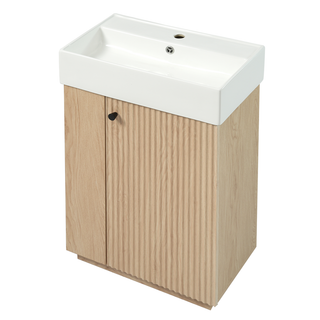 21.6" bathroom vanity with ceramic sink, freestanding modern right door wood grain cabinet with open and closed storage for small bathrooms