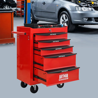 Rolling Metal Tool Chest with 5 Drawers, 20" 5-Drawer Tool Chest Cabinet with Ball Bearing Drawer Slides, Steel Tool Storage Box Organizer -Red&Black Dweva