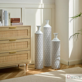 Floor Metal Vases Decorated White Metal vases Set of 3 gorgeous home decoration large glazed metal vases 24in/28.7in/33.5in height Dweva