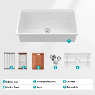 Undermount White Kitchen Sink Workstation - 33 inch White Porcelain Ceramic Single Bowl Dual Mount Kitchen Sink Dweva