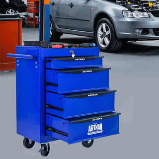 Rolling Metal Tool Chest with 4 Drawers, 20" 4-Drawer Tool Chest Cabinet with Ball Bearing Drawer Slides, Steel Tool Storage Box Organizer -BLACK&BLUE Dweva