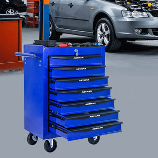 Rolling Metal Tool Chest with 7 Drawers, 20" 7-Drawer Tool Chest Cabinet with Ball Bearing Drawer Slides, Steel Tool Storage Box Organizer -BLACK&BLUE Dweva