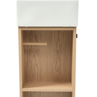 21.6" bathroom vanity with ceramic sink, freestanding modern right door wood grain cabinet with open and closed storage for small bathrooms
