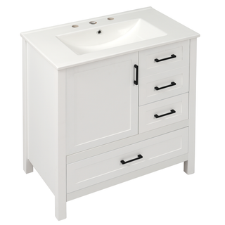 30" White Bathroom Vanity with Sink Combination Set, Bathroom Storage Cabinet with Soft Close Door, 3 Soft Close Drawers and Removable Tray, Solid Wood Frame Dweva