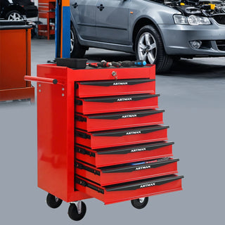 Rolling Metal Tool Chest with 7 Drawers, 20" 7-Drawer Tool Chest Cabinet with Ball Bearing Drawer Slides, Steel Tool Storage Box Organizer -Red&Black Dweva