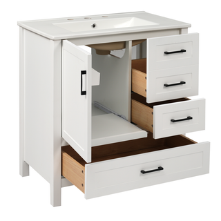 30" White Bathroom Vanity with Sink Combination Set, Bathroom Storage Cabinet with Soft Close Door, 3 Soft Close Drawers and Removable Tray, Solid Wood Frame Dweva