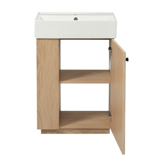 21.6" bathroom vanity with ceramic sink, freestanding modern right door wood grain cabinet with open and closed storage for small bathrooms