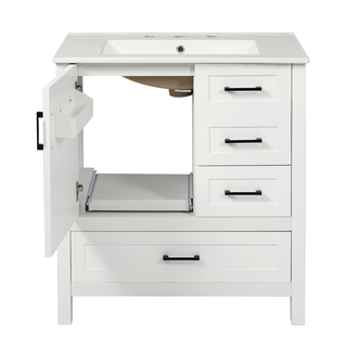 30" White Bathroom Vanity with Sink Combination Set, Bathroom Storage Cabinet with Soft Close Door, 3 Soft Close Drawers and Removable Tray, Solid Wood Frame Dweva