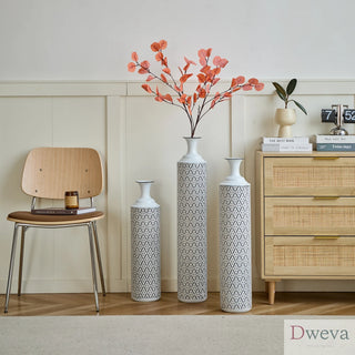 Floor Metal Vases Decorated White Metal vases Set of 3 gorgeous home decoration large glazed metal vases 24in/28.7in/33.5in height Dweva
